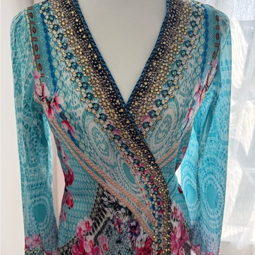 Turquoise Floral Orchid Print Wrap Maxi Dress With Rhinestone Borders